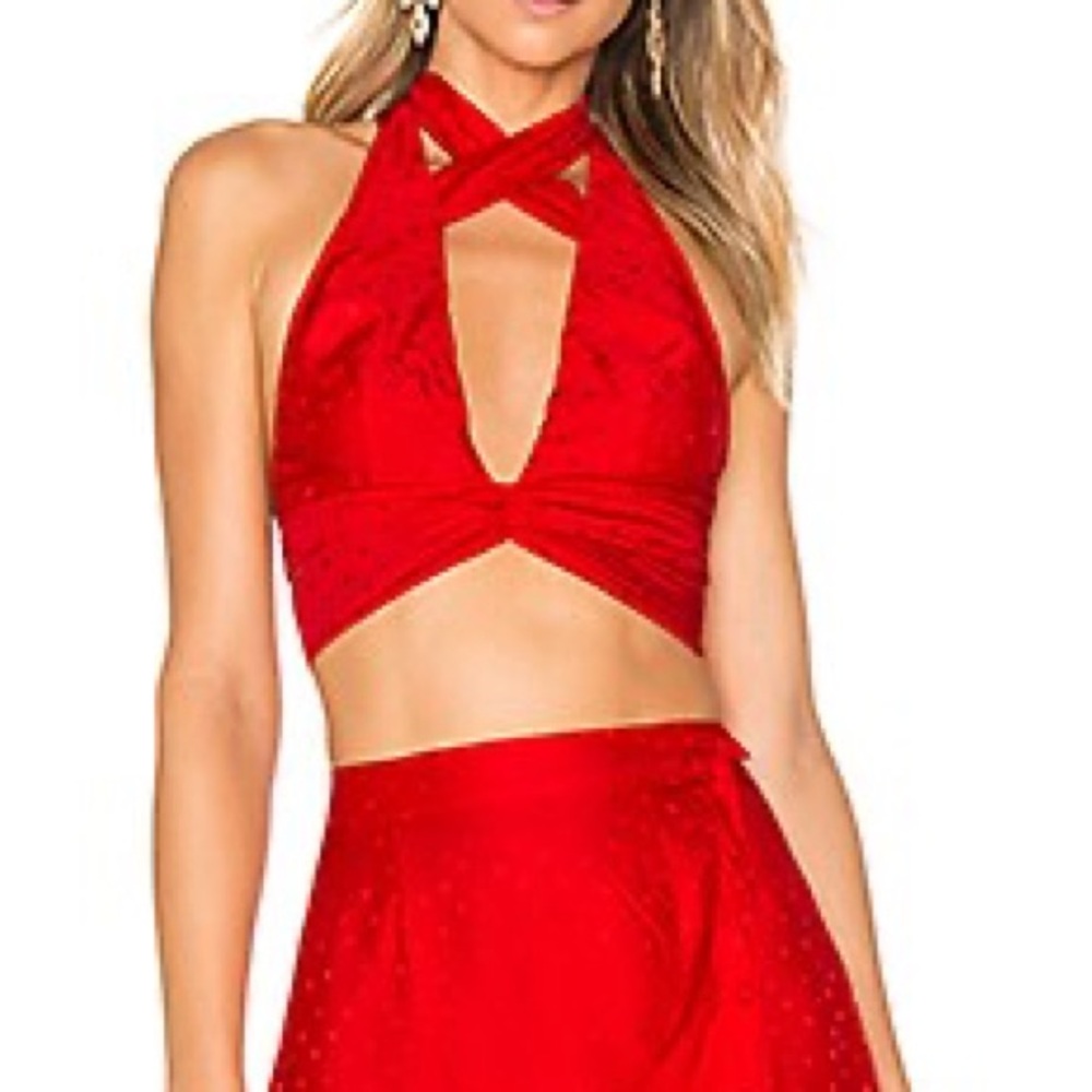 For Love and Lemons Red Halter Crop Top and Skirt Set